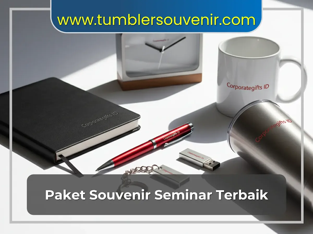 Contoh tren merchandise perusahaan 2025 berupa tumbler, tas kain, dan powerbank custom berlogo perusahaan